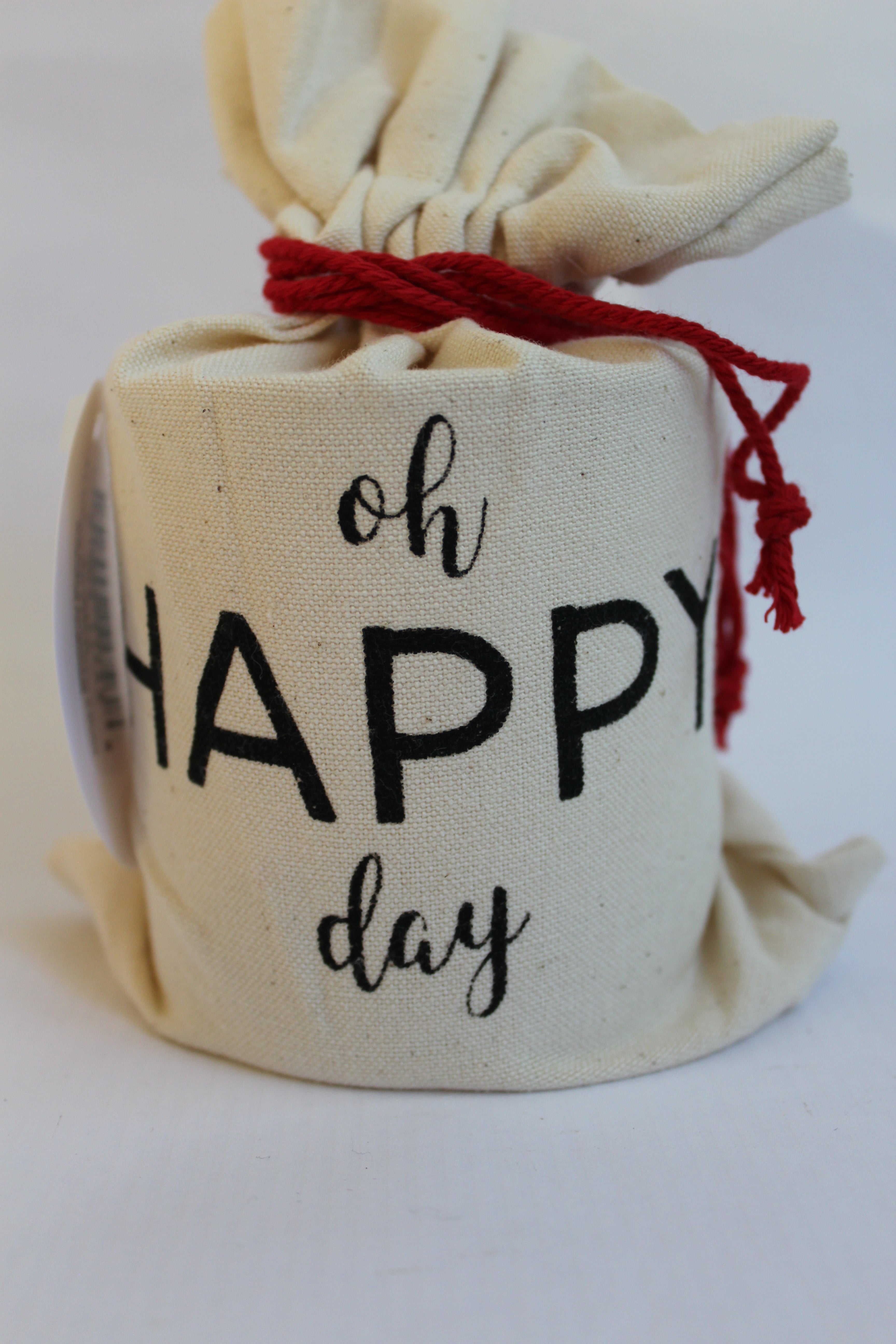 glass candle in canvas bag - happy day